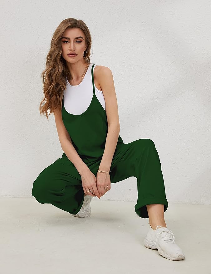 Lentta Women's Causal Jumpsuits V Neck Sleeveless Harem Overalls Stretchy Adjustable Strap Romper with Pockets