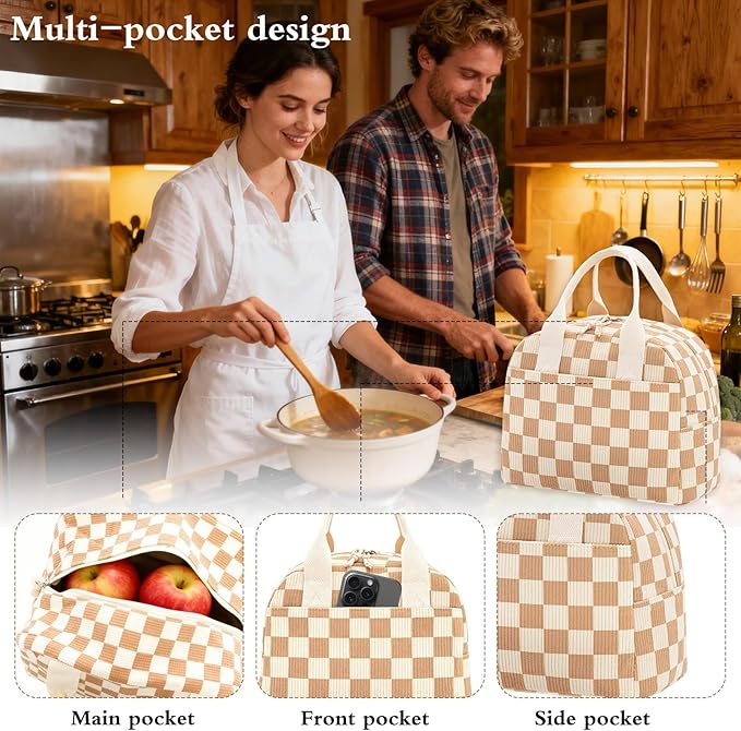 Stylish Lunch Box for Women Cute Lunch Box Reusable Checkered Corduroy Insulated Lunch Bag With Dual Zippers & Multiple Pockets for Work Travel Picnic Outdoor Activities