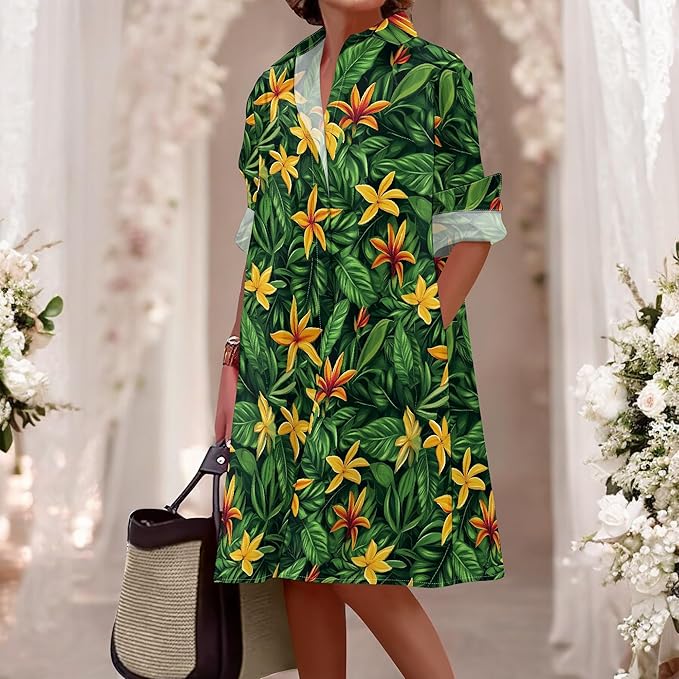 Shirt Dresses for Women 2025 Summer Long Sleeve Casual Plus Size Floral Printed Beach Vacation Dress with Pockets