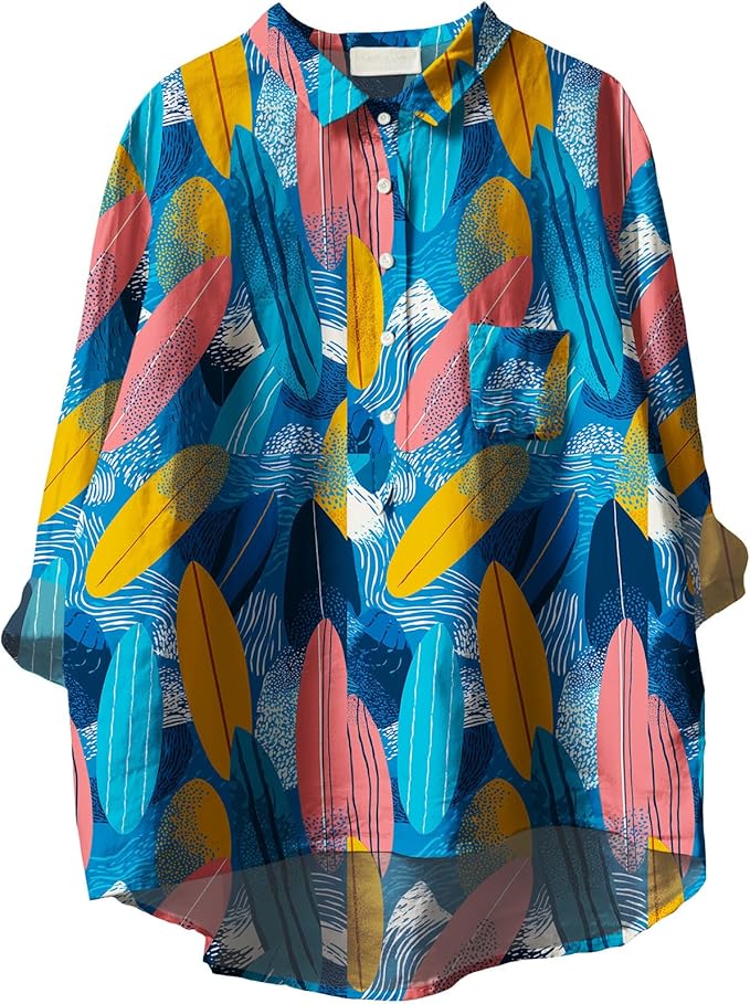 Womens Boho Tops 3/4 Long Sleeve Floral Blouses Hawaii Beach Button Down Shirts V Neck Pullover Casual Tunics