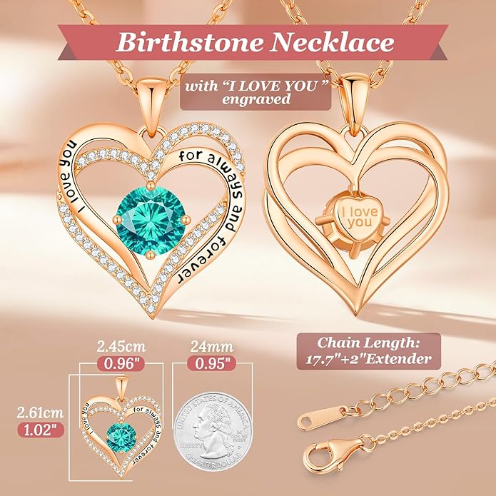 CDE Valentine's Day Gift Forever Love Heart Necklaces for Women, Wedding Anniversary, Birthday Mothers Christmas Day Gifts for Mom, Mother, Wife, S925 Silver Jewelry with Birthstone Pendant