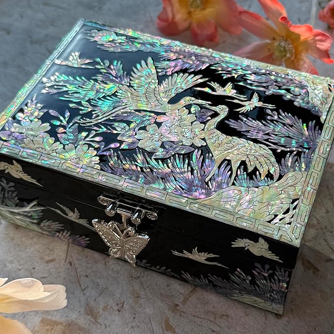 Nacreh Mother of Pearl Korea Traditional Crane Jewelry Ring Necklace Trinket Wooden chest Box - Inlay with Sea Shell Gifts for Women