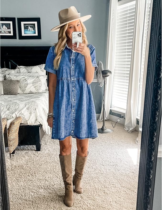 LookbookStore Women's Short Sleeve Button Down Flowy Tiered Babydoll Denim Dress