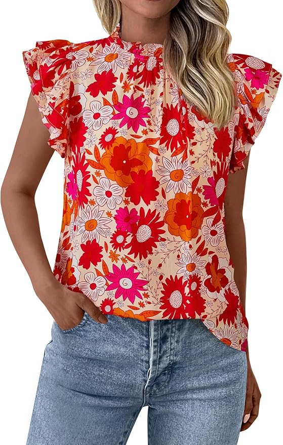 PRETTYGARDEN Women's Ruffle Short Sleeve Summer Tops 2026 Trendy Floral Trim Neck Casual Dressy Chiffon Boho Blouses Shirts