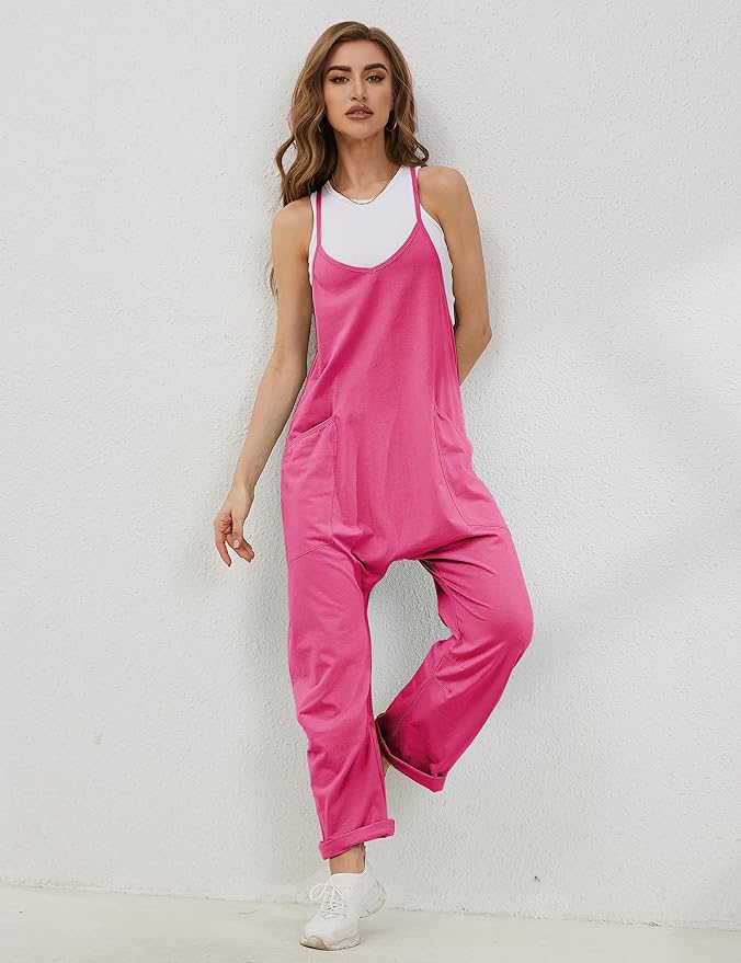 Lentta Women's Causal Jumpsuits V Neck Sleeveless Harem Overalls Stretchy Adjustable Strap Romper with Pockets