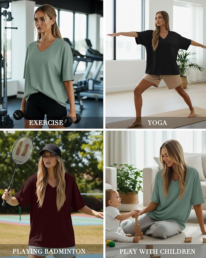 Huukeay Women's Cotton Oversized T Shirts 3 Pack V Neck Loose Fit Half Sleeve Tops Baggy Casual Summer Gym Workout Tees 2026