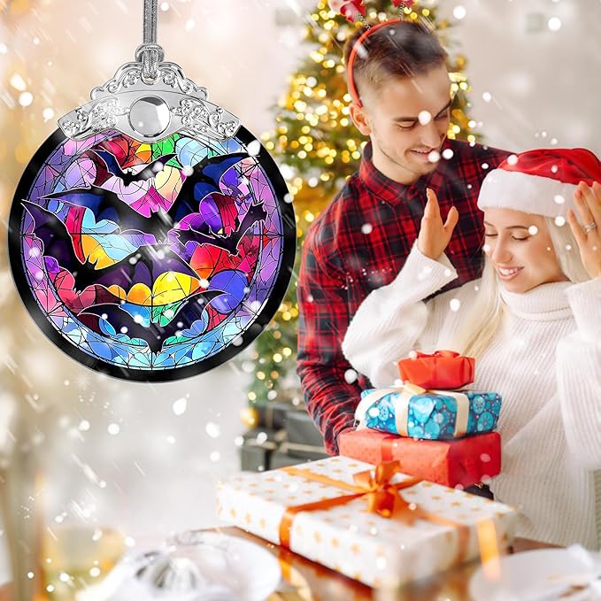 Jocidea Christmas Ornament, Bat Christmas Decor, Bat Ornaments for Christmas Tree, Stained Glass Ornament, Bat Gifts, Holiday Decorations and Xmas Gifts Ideas