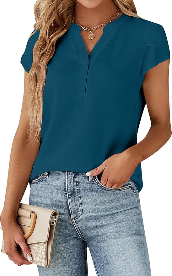 Blooming Jelly Women's Dressy Casual Tops Business Work Blouses White Button Down Shirts Cap Sleeve V Neck Tshirt