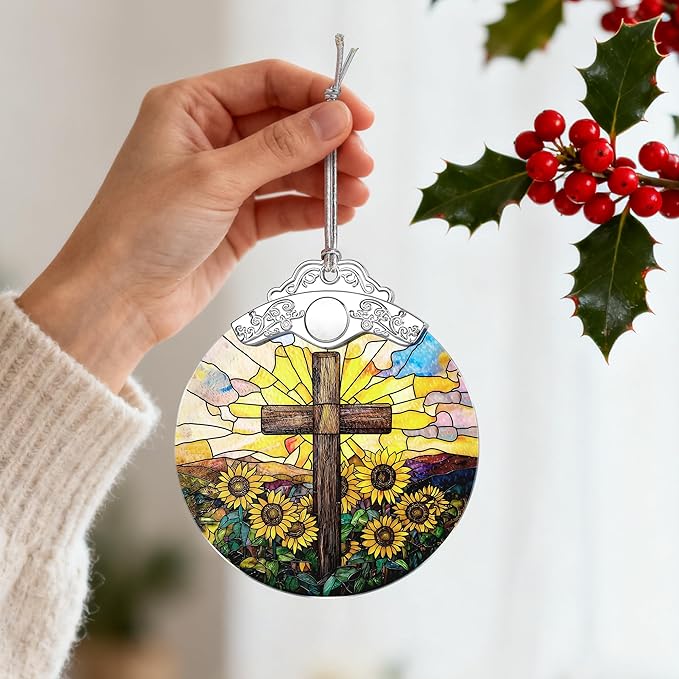Sunflower and Cross Ornament, Christian Christmas Ornament, Religious Christmas Decor, Christian Home Decor, Gifts for Christians, Religious Gifts, Baptism Gift, Easter & Xmas Gift