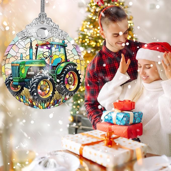 Jocidea Christmas Ornament, Tractor Christmas Decor, Tractor Ornaments for Christmas Tree, Stained Glass Ornament, Tractor Gifts, Holiday Decorations and Xmas Gifts Ideas