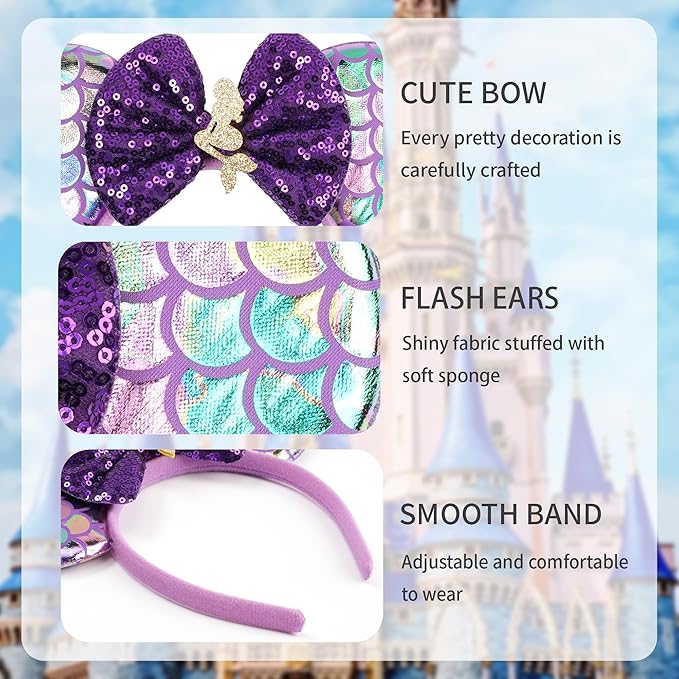 zhezesmila 4 Set Mermaid Mouse Ears Headband and Scrunchies Sequin Headband with Velvet Ears Scrunchies Hair Accessory for Women Birthday Party