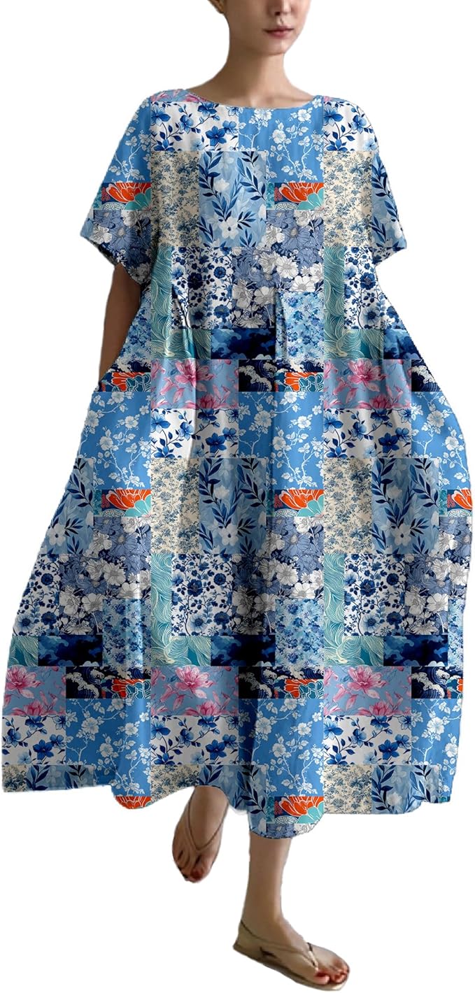 MARSVOVO Patchwork Flowy Dresses for Women Plus Size Loose Casual Tunic Dress Elegant Crewneck Maxi Dresses with Pockets