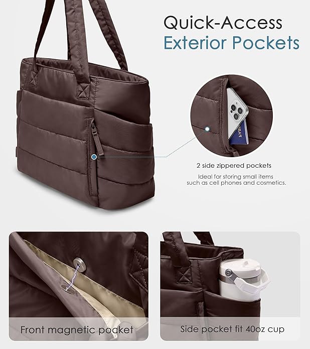 Tote Bag for Women with Zipper, Quilted Puffer Tote Bag with Compartments, Lightweight Puffy Work Bags for Women Travel