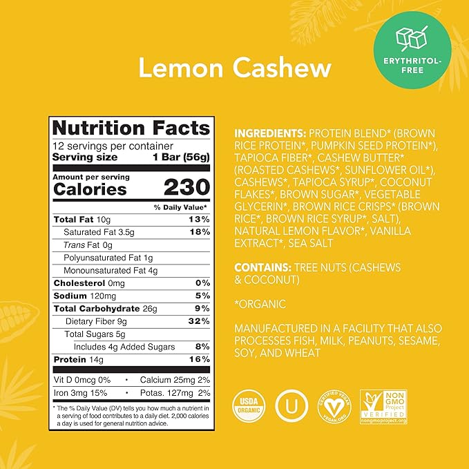 ALOHA Organic Plant Based Protein Bars - Lemon Cashew - 12-Count - Vegan, Low Sugar, Gluten-Free, Paleo, Low Carb, Non-GMO, No Stevia & No Erythritol