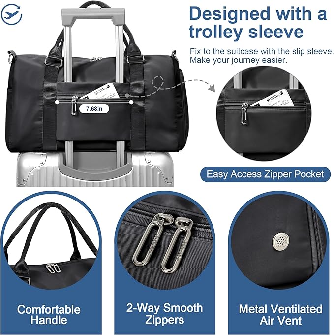 FIORETTO Womens Gym Tote Duffle Bag with Wet Pocket & Shoe Compartment, Sports Duffel Overnight Weekender Hospital Workout Carry on Bag for Girls, Ideal for Travel, Swimming, Dance, Ballet Black