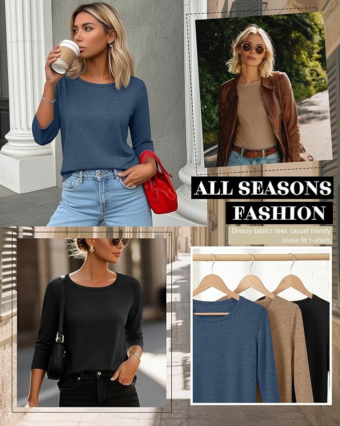 Ficerd 3 Pack 3/4 Sleeve Tops for Women Round Neck Dressy Basics Tees Casual Trendy Loose Fit T Shirts