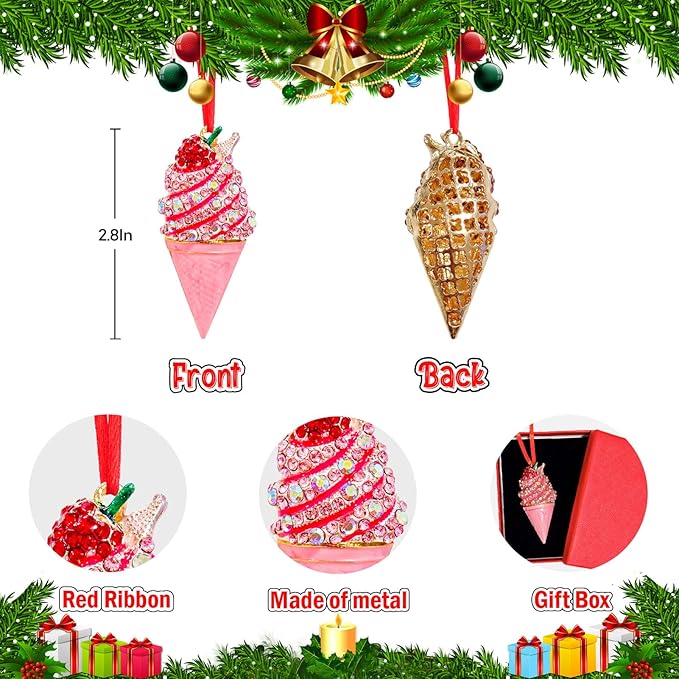 Ushinemi Ice Cream Ornament for Christmas Tree, Ice Cream Cone Hanging Ornament Xmas Tree Decor, Sparkles Keepsake Gifts for Mom Grandma Women Girls Sisters