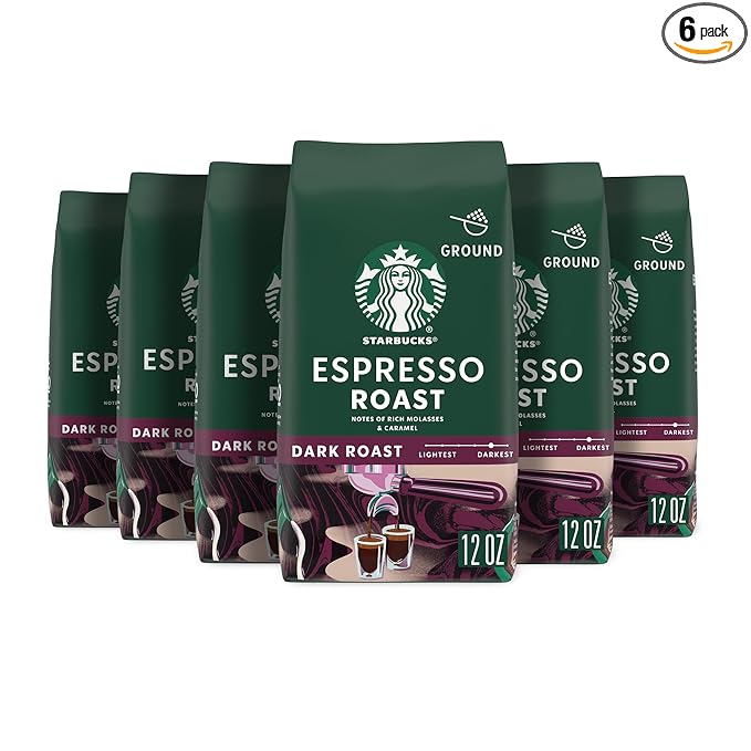 Starbucks Ground Coffee, Dark Roast Hot or Iced Coffee, Espresso Roast, Six 12 oz Bags