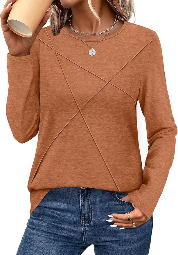 XIEERDUO Long Sleeve Shirts for Women Business Casual Tops Trendy Crewneck Fall T Shirts Pleated Loose Fit