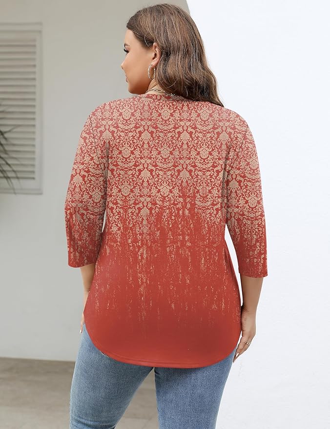 TFSDOD Womens Plus Size Tops V Neck T Shirts 3/4 Sleeve Blouse Summer Casual Tees XL-5X