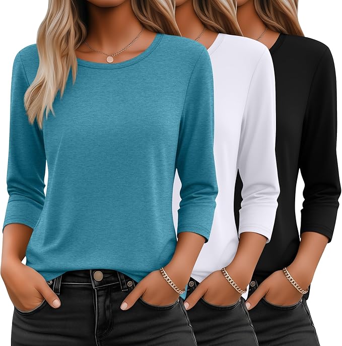 Ficerd 3 Pack 3/4 Sleeve Tops for Women Round Neck Dressy Basics Tees Casual Trendy Loose Fit T Shirts