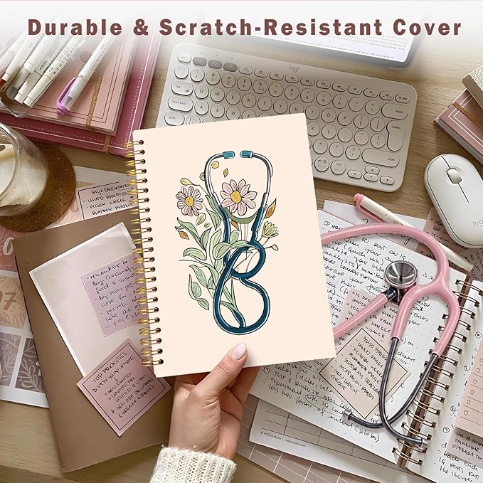 Lacama Nurse Notebook, Nurse Gifs for Women, Nurse Appreciation Gifts, Nurses Week Gifts, Nursing Student Graduation Gifts, 160 Pages, A5 Stethoscope Flower Spiral Notebook, Office School Supplies