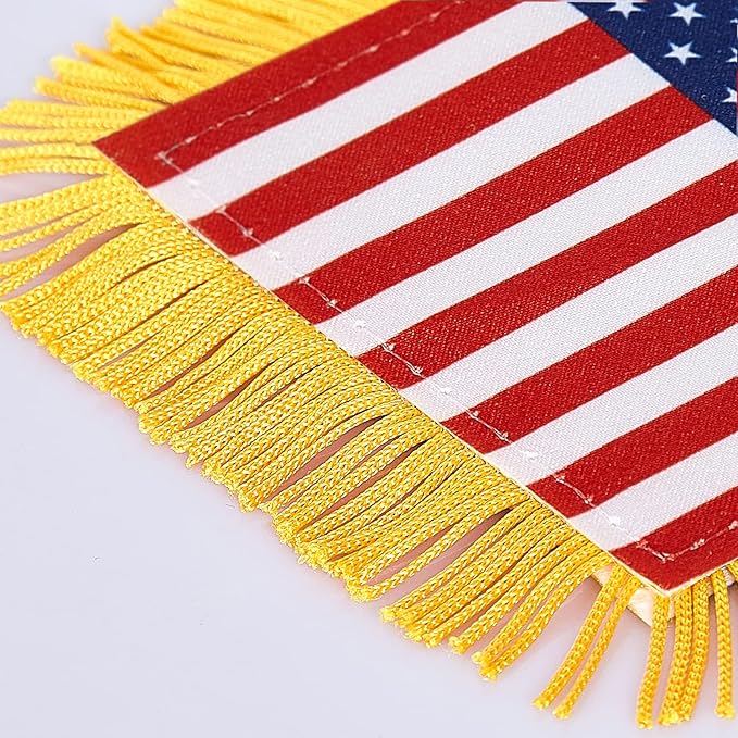 ZXvZYT 3 X 5 Inch America USA Window Hanging Flag US Small Mini Car Flags Banners Rearview Mirror Decoration - with Suction Cup & Golden Fringy Banner(2 Pack)