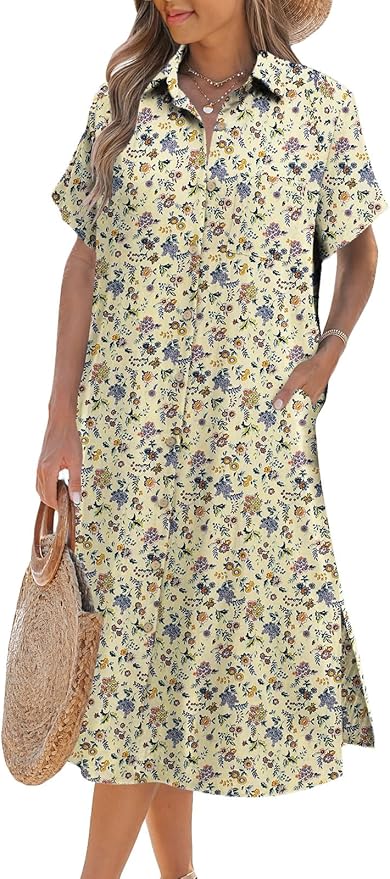 Zeagoo Women Dresses Summer Casual Short Sleeve Button Down Shirt Dresses 2025 Beach Cover Up with Pockets