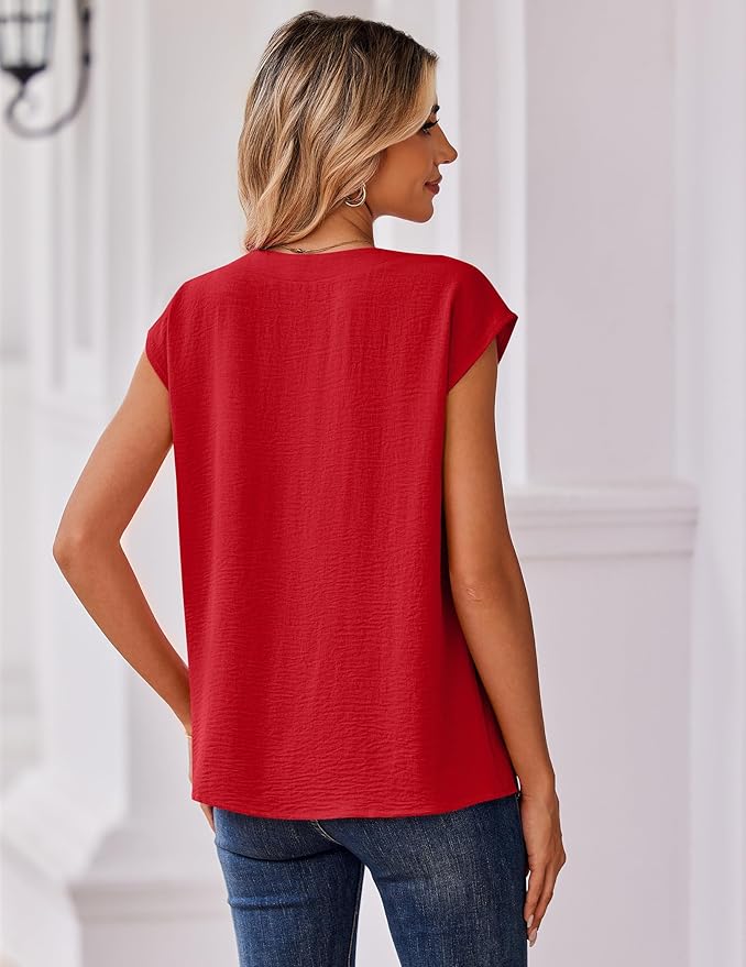 Zeagoo Womens Tops Cap Short Sleeve Textured Blouse V Neck Summer Spring Shirts Business Casual Outfits