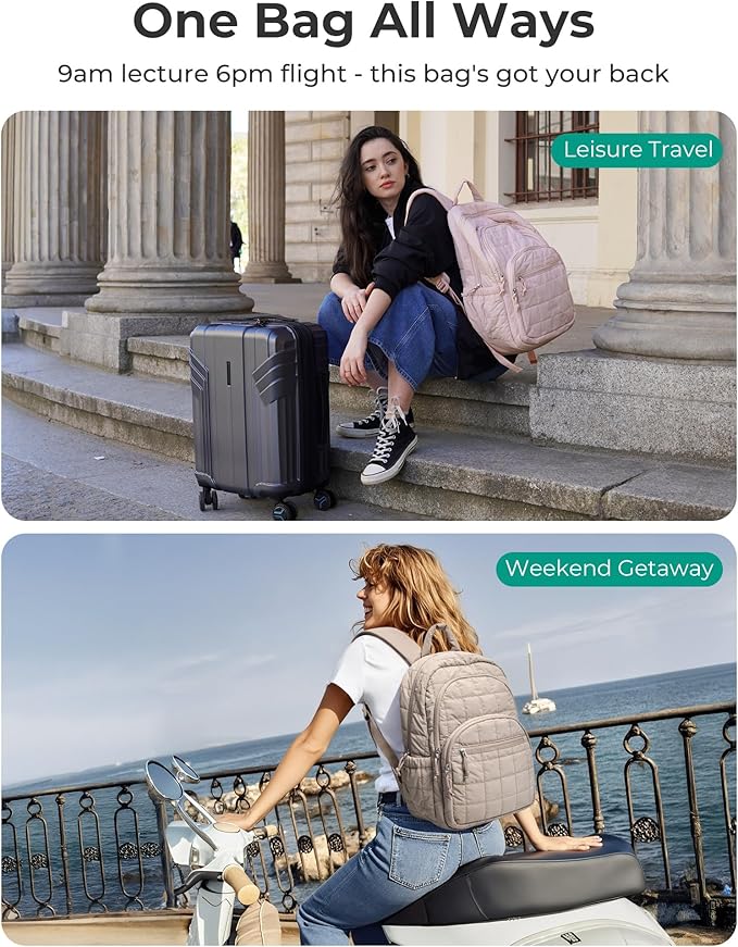 BAGSMART College Laptop Backpack, Travel Laptop Backpack for Women, Quilted Casual Daypack, Water-Resistant Bookbag for 15.6 Inch Laptop, Pink