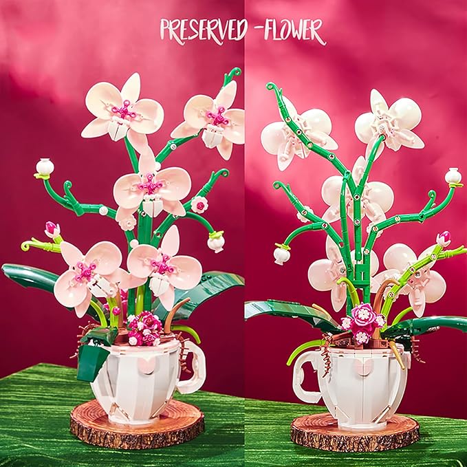 iixeal Pink Orchid Flower Building Set for Adults, Coffee Cup Orchid Botanical Collection Plant Building Kit, Home and Office Decor Gift for Christmas Day, Valentines, Birthday 567pcs