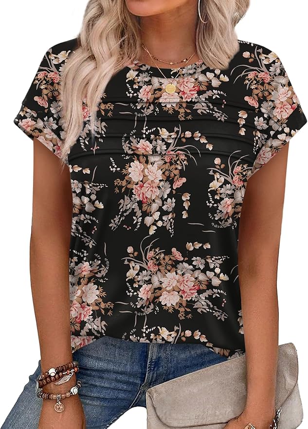 WEESO Womens Summer Tops Trendy 2026 Cap Sleeve T Shirts Crew Neck Pleated Front Beach Vacation Clothes Fashion