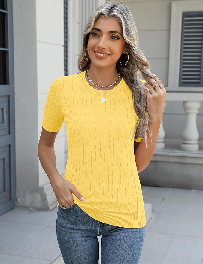 Micoson Womens Short Sleeve Cable Knit Sweater Tops Crewneck Lightweight Spring Summer Shirts Business Dressy Casual Outfits