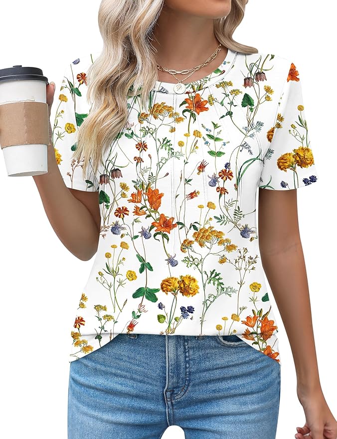 Kistore Womens Casual Crew Neck Short Sleeve Pleated Tops Blouses Fashion Clothes 2026