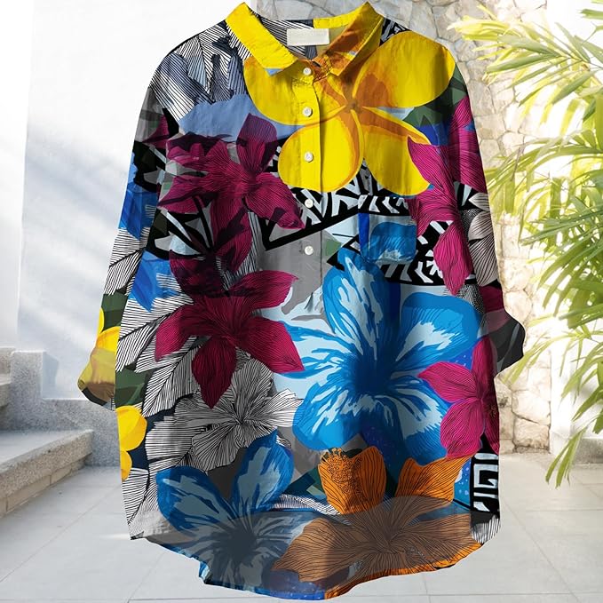 Women Funny Graphic Long Sleeve Floral Blouses Plus Size Button Shirts Casual Cute Vneck Fall Tunic Tops Trendy