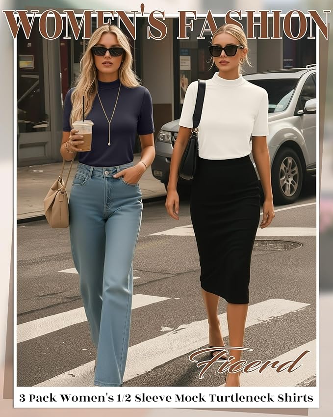 Ficerd 3 Pack Women's 1/2 Sleeve Mock Turtleneck Shirts, Elbow Length Shirt Half Sleeve Tunic Top Casual Summer Basic Tees