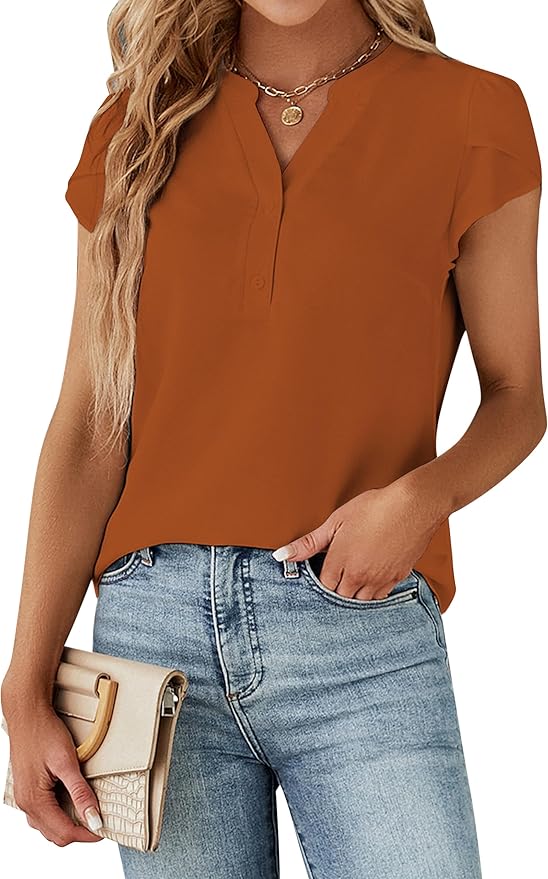 Blooming Jelly Women's Dressy Casual Tops Business Work Blouses White Button Down Shirts Cap Sleeve V Neck Tshirt