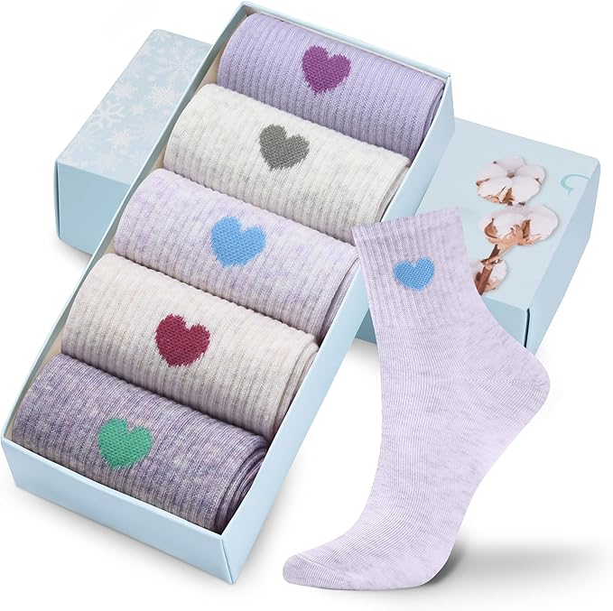 Corlap Women's Cute Cotton Crew Athletic Running Socks - Ankle High, Novelty Fun Heart Design 5-Pairs (Gift Box)