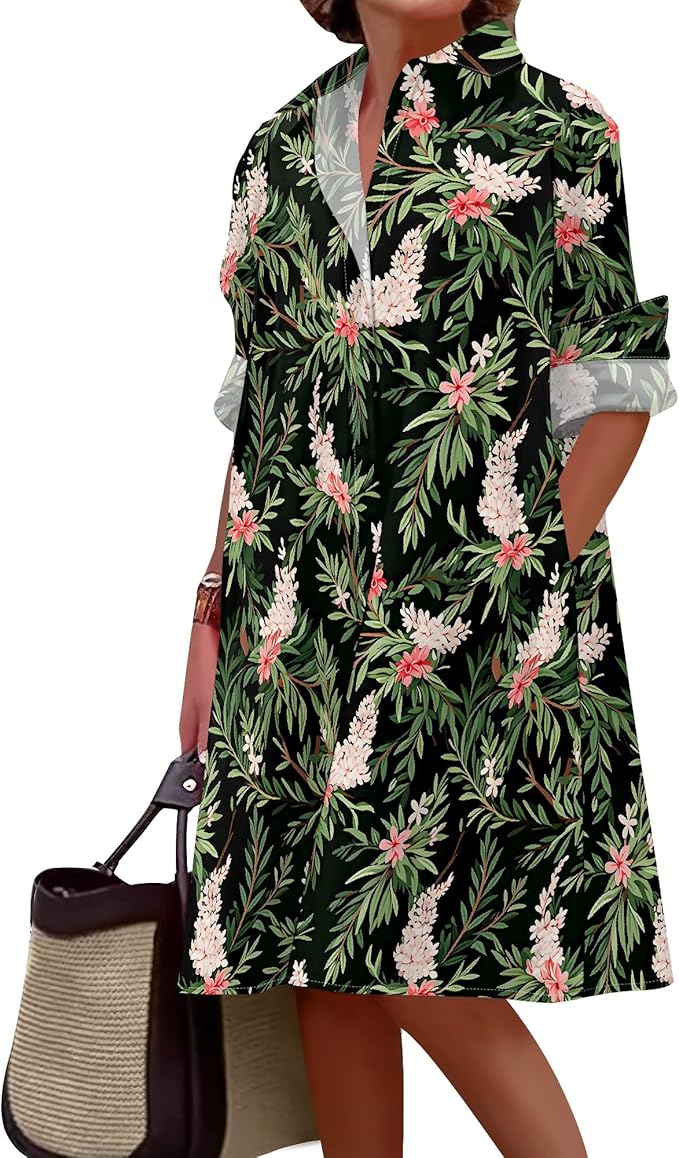 Shirt Dresses for Women 2025 Summer Long Sleeve Casual Plus Size Floral Printed Beach Vacation Dress with Pockets