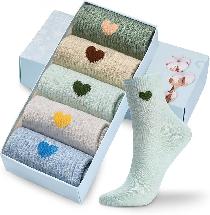 Corlap Women's Cute Cotton Crew Athletic Running Socks - Ankle High, Novelty Fun Heart Design 5-Pairs (Gift Box)