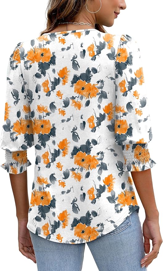 XIEERDUO Blouses for Women Dressy Casual 3/4 Length Sleeve Womens Tops with Smocked Cuffs