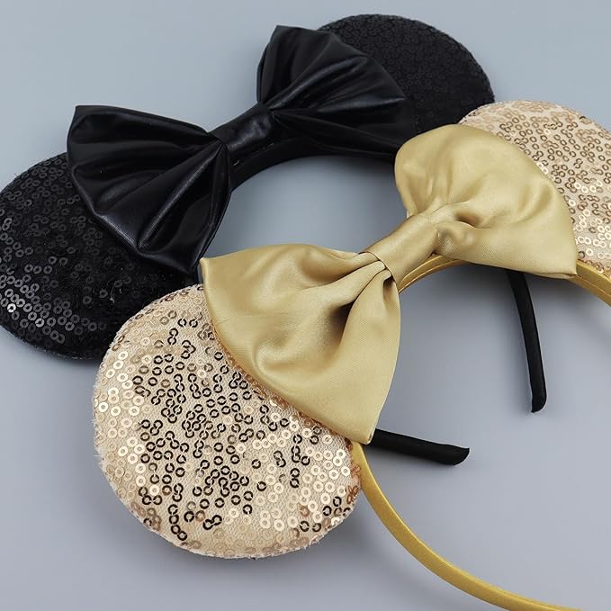 LIHELEI Mouse Ears Headband for Women, Black Minnie Headbands for Halloween Costume, Sequin Bows Headwear Hair Accessories -2pcs Rose Gold+Black