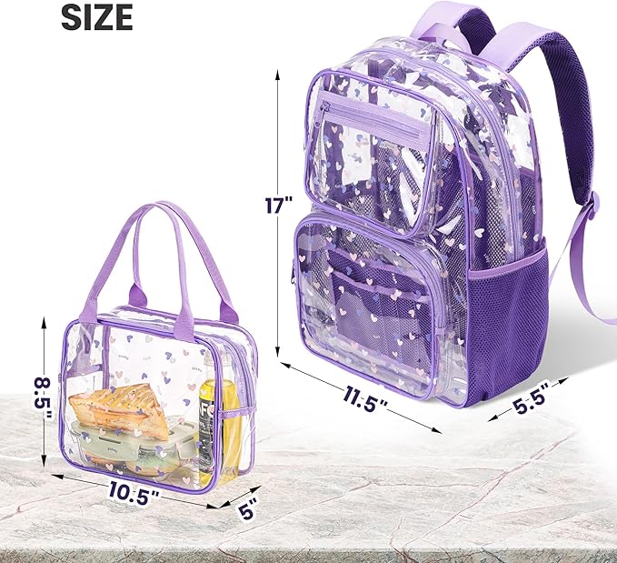 Heavy Duty Clear Backpack Lunch Bag Box Set for 8-Year-Olds - Practical and Stylish School Essentials(clear backpack & clear tote lunch bag-purple)