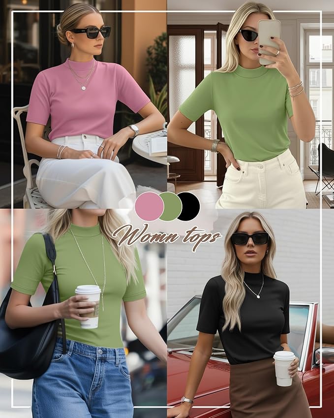 Ficerd 3 Pack Women's 1/2 Sleeve Mock Turtleneck Shirts, Elbow Length Shirt Half Sleeve Tunic Top Casual Summer Basic Tees