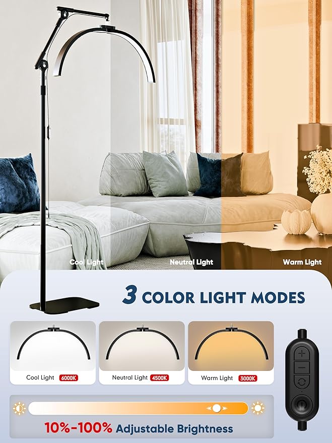 KARITE Half Moon Light for Lash Tech, LED Floor Lamp for Eyelash Extensions with Phone Holder, Adjustable Angle(3 Joints) & Height Desk Lamp for Nail Tch, 3000-6500K for Reading Makeup Tattoo