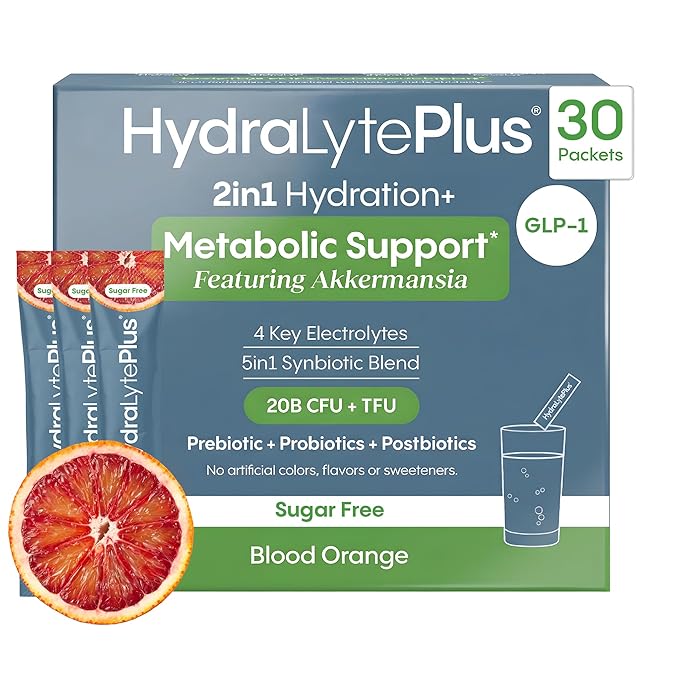 Hydralyte GLP-1 Metabolic Support - Weight Loss Management and Gut Health - 5in1 Probiotic Blend - Akkermansia Muciniphila + Prebiotic Fiber + Electrolytes - Sugar Free (30 Packets)