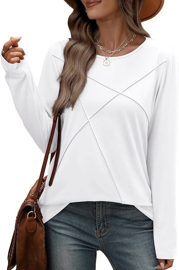 XIEERDUO Long Sleeve Shirts for Women Business Casual Tops Trendy Crewneck Fall T Shirts Pleated Loose Fit
