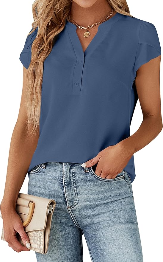 Blooming Jelly Women's Dressy Casual Tops Business Work Blouses White Button Down Shirts Cap Sleeve V Neck Tshirt