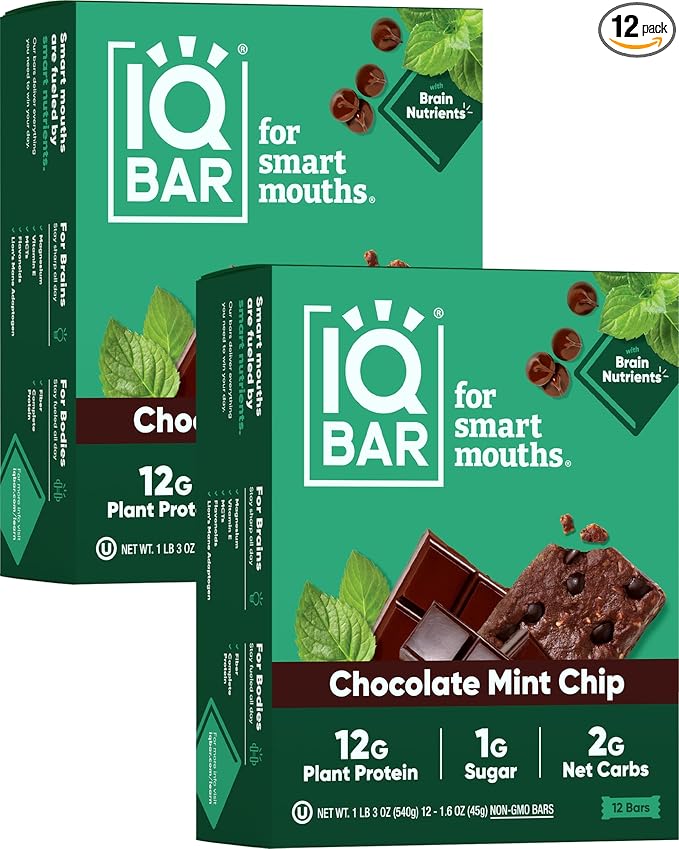IQBAR Brain and Body Plant Protein Bars - Chocolate Mint Chip - 24-Count - Keto, Vegan, Low Carb, High Fiber, Gluten Free, Dairy Free, Low Sugar Snack with Nutrients for Focus, Energy, Meal Replacement