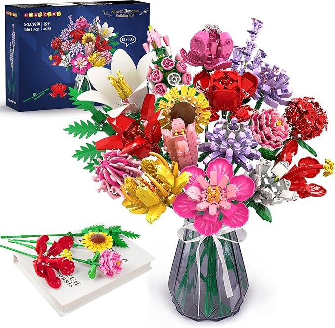 HOGOKIDS Flower Bouquet Set for Adults - Valentine 1461PCS Artificial Flowers Botanical Collection | 18 Sticks Decorative Home Plant Bouquet | Creative DIY Gift for Wife Girlfriend Mom Women Men